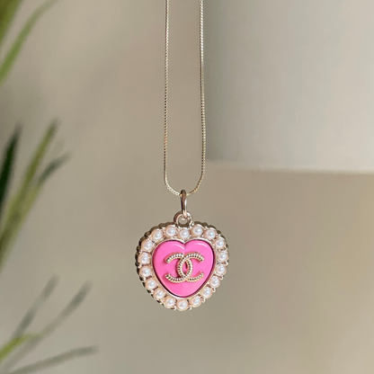 Chanel CC Pink Heart Pendant Necklace in Gold