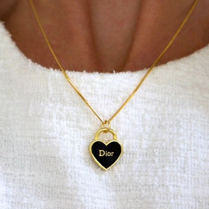 Dior Black Heart Pendant Necklace in Gold