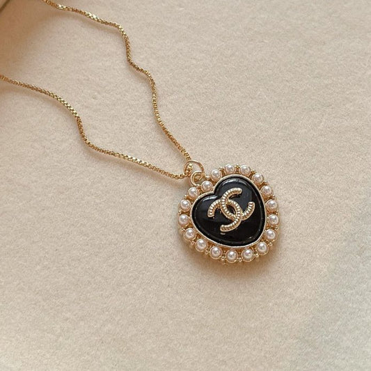 Chanel CC Black Heart Pendant Necklace in Gold